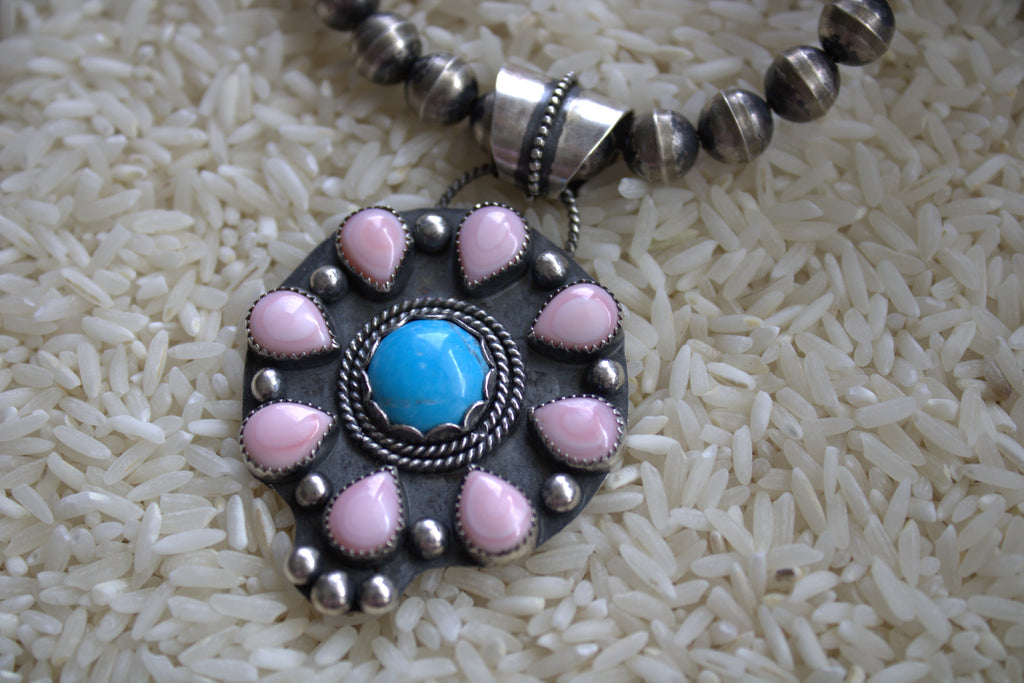 Pink Conch and Turquoise Flower Pendant