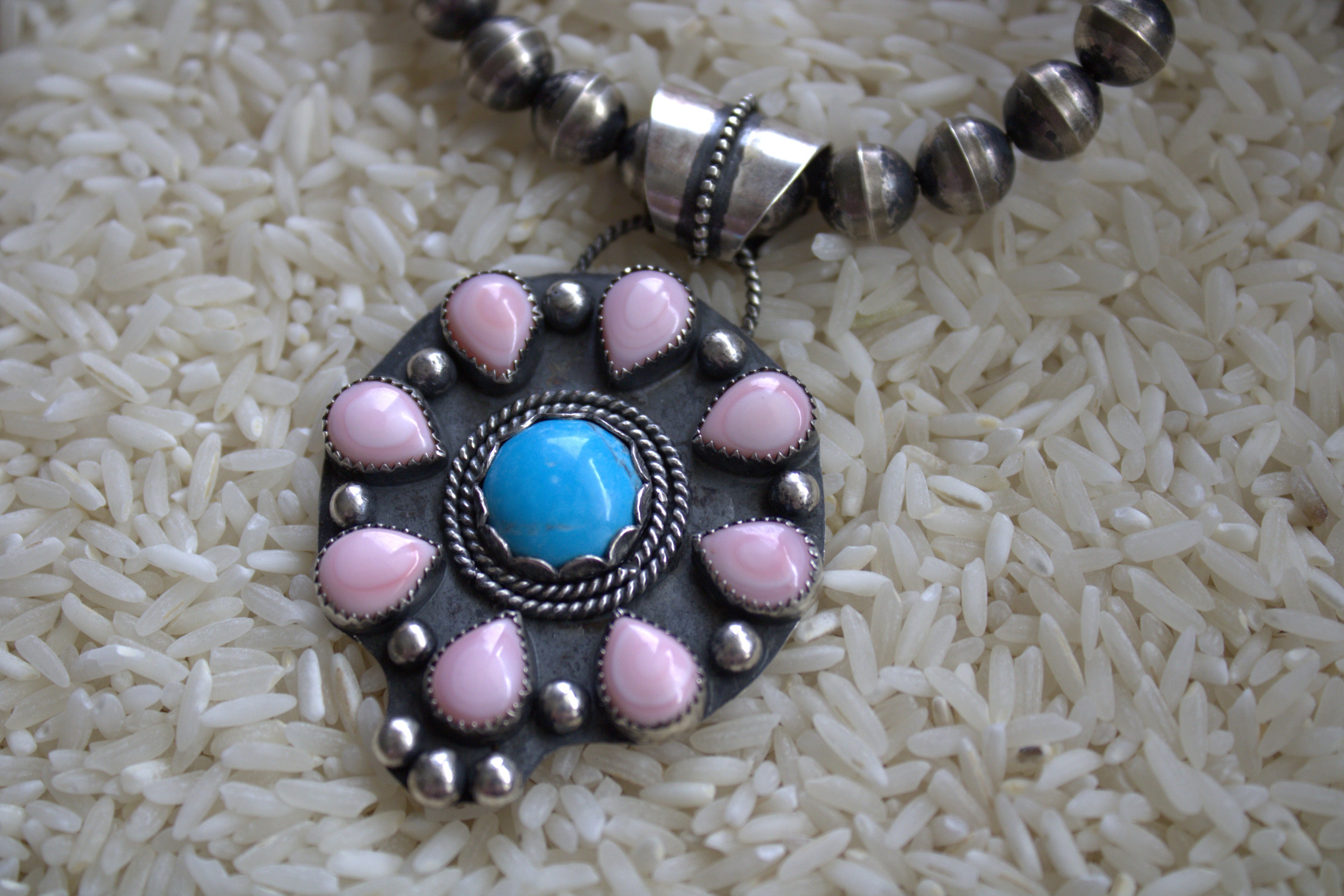 Pink Conch and Turquoise Flower Pendant