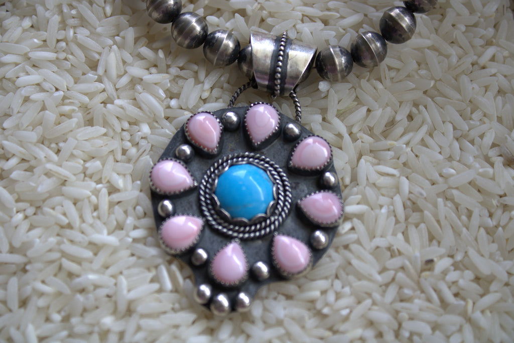 Pink Conch and Turquoise Flower Pendant