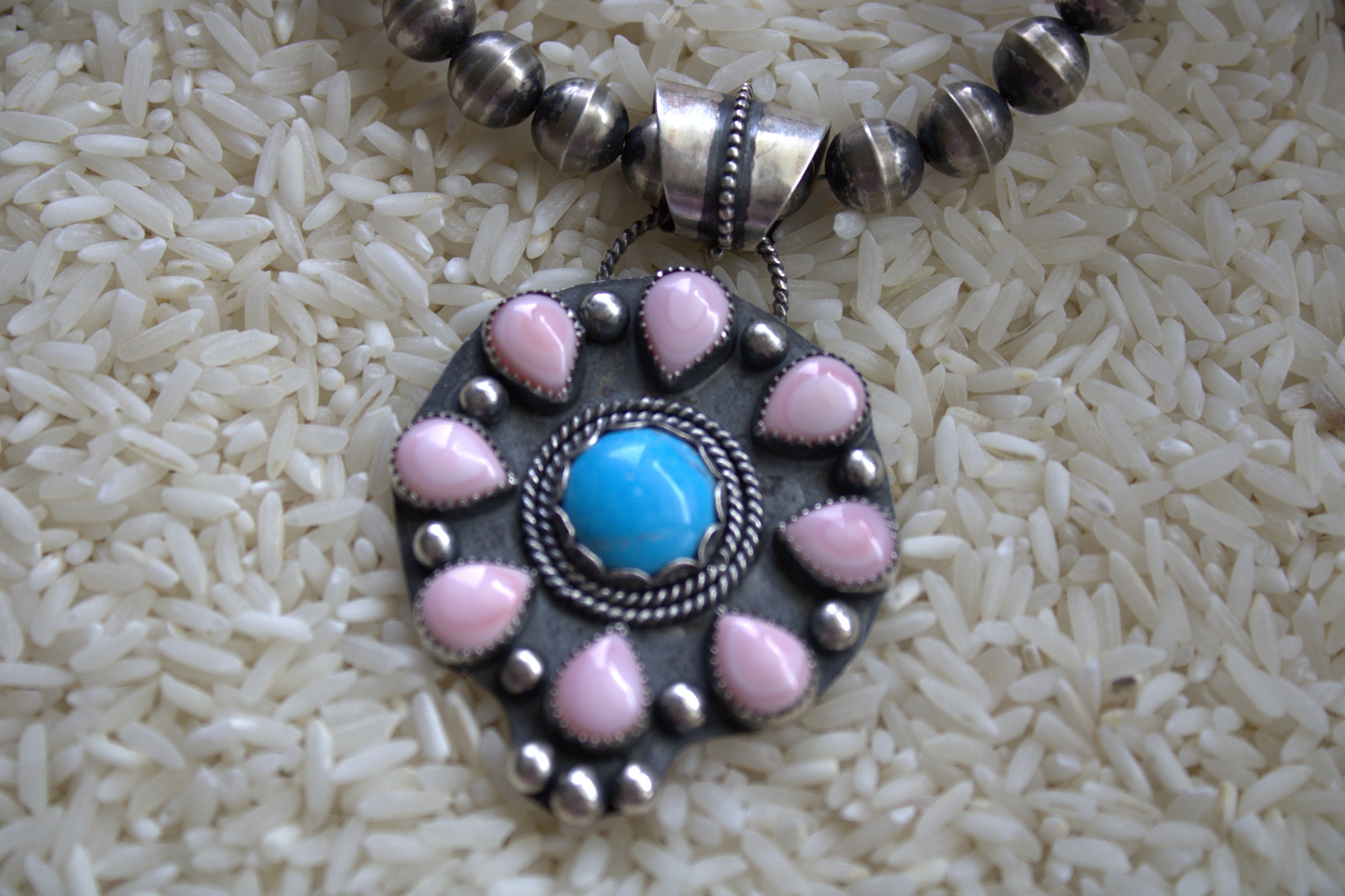 Pink Conch and Turquoise Flower Pendant